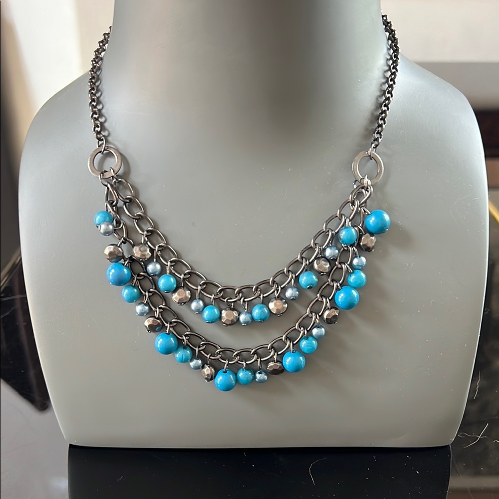 Elegant Beaded 10” Dark Grey Metal Necklace Blue Turquoise and Silver Beads
